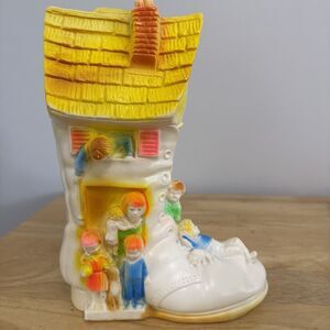 Vintage Old Woman Who Lived in a Shoe Hard Plastic Bank by Sanitoy 9.5”x7” Neon